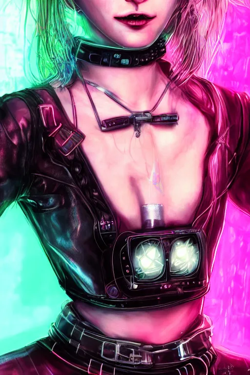 Image similar to detailed realistic female rock star cyberpunk wearing thick technological collar around neck, realistic, art, beautiful, 4K, collar, choker, collar around neck, punk, artstation, detailed, female, woman, choker, cyberpunk, neon, punk, collar, choker, collar around neck, thick collar, tight around neck, punk,