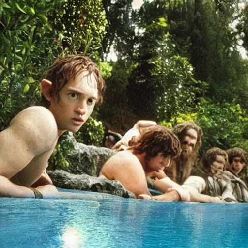 Prompt: lord of the rings, chilling near the pool