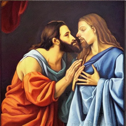 Image similar to 1 8 th oil panting of a jesus kissing a woman