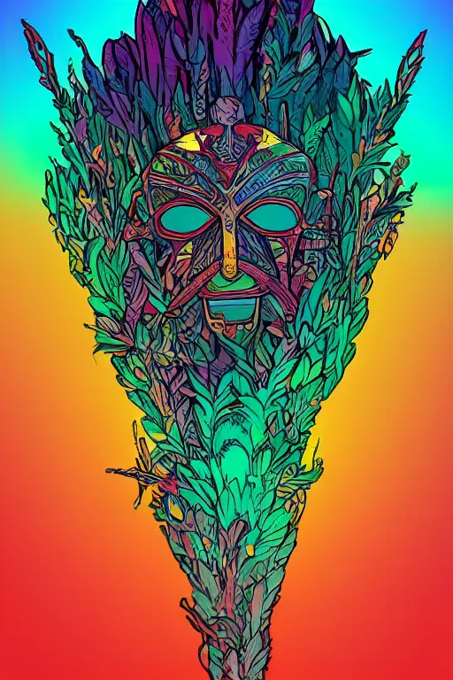 Image similar to animal mask totem roots flower tribal feather gemstone plant wood rock shaman vodoo video game vector cutout illustration vivid multicolor borderlands comics by josan gonzales and dan mumford radiating a glowing aura