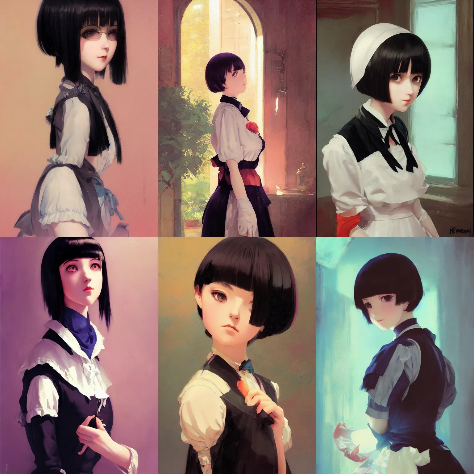 Prompt: a portrait of a cute young maid with black bob cut hair, Victorian setting, vivid colors, soft lighting, atmospheric, cinematic, moody, in the style of Ilya Kuvshinov and Range Murata, Krenz Cushart, oil on canvas, 8k