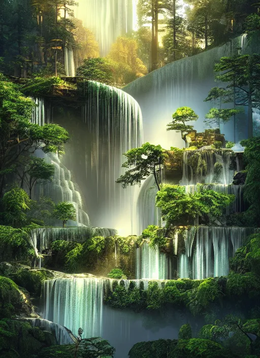 Image similar to beautiful big house in the forest, a big waterfall flows down from the mountain, vector art, octane render, fabulous, hyper detailed, random cinematic view, no noise, global illumination, warm lighting, volumetric, godrays, vivid, beautiful, by jordan grimmer