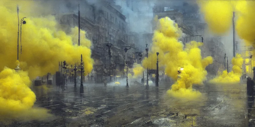 Image similar to kiev city streets covered in yellow and blue smoke, by jeremy mann, by kim keever