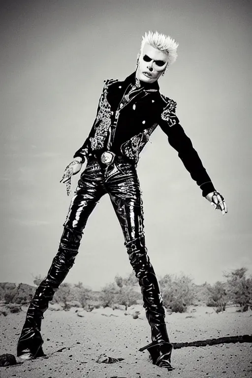 Image similar to portrait billy idol dressed in fantasy fashion, new wave, psychedelia, shiny metal, standing in a desert