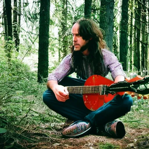 Image similar to Photograph Of Longhair male playing guitar in forest