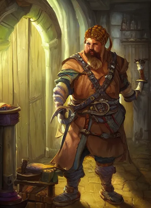 Image similar to tavern keeper in a tavern, ultra detailed fantasy, dndbeyond, bright, colourful, realistic, dnd character portrait, full body, pathfinder, pinterest, art by ralph horsley, dnd, rpg, lotr game design fanart by concept art, behance hd, artstation, deviantart, hdr render in unreal engine 5