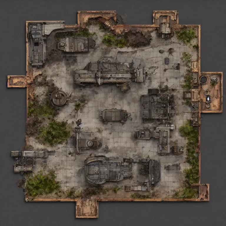 Prompt: 2 d axonometric floor plan view, digital painted rusted dieselpunk tank virtual tabletop asset sheet, view, roll 2 0, 2 - minute tabletop, battle map prop, black background, unity asset store, by greg rutkowski, trending on artstation