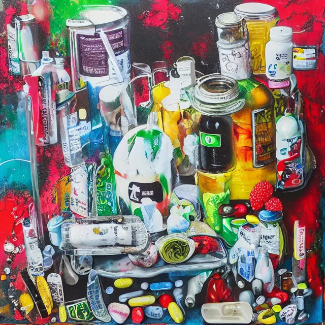 Image similar to “ pharmacy, street hawkers, medical supplies, pills and medicine, medicinal herbs, a candle dripping white wax, squashed berries, berry juice drips, acrylic and spray paint and oilstick on canvas, surrealism, neoexpressionism ”