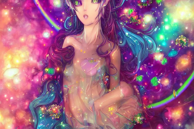 Prompt: psychedelic, whimsical, anime, 4k, beautiful seductive elf smoking weed, with professional makeup, long trippy hair, a crystal and flower dress, sitting on a reflective pool, surrounded by gems, underneath the stars, rainbow fireflies, trending on patreon, deviantart, twitter, artstation, volumetric lighting, heavy contrast, art style of Greg Rutkowski and Miho Hirano and Ross Tran