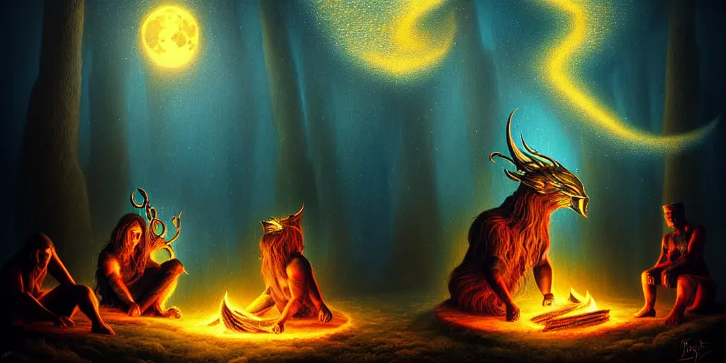 Image similar to uncanny bifrost!!!!!! mythical beasts of sitting around a fire under a full moon at bifrost, surreal dark uncanny painting by ronny khalil