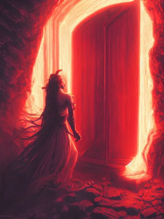 Prompt: Jennifer Connelly opening the door to hell, red lighting, time warping, D&D, fantasy, highly detailed, digital painting, trending on artstation, concept art, sharp focus, illustration, art by artgerm and greg rutkowski and magali villeneuve