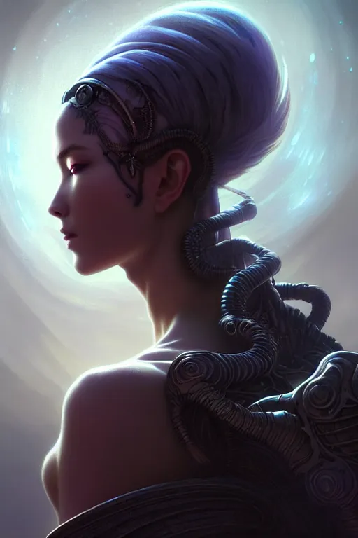 Prompt: mystic dream nomad, attractive female, alien character design, goddess closeup filled background around face, fantasy magic, undercut hairstyle, dark light night, intricate, elegant, sharp focus, illustration, highly detailed, digital painting, concept art, matte, art by wlop and artgerm and greg rutkowski and alphonse mucha, masterpiece