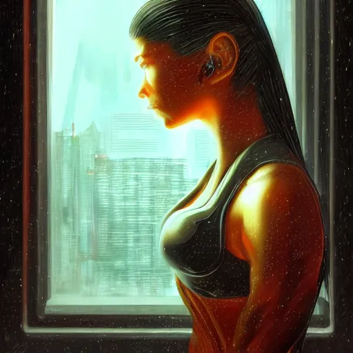 Prompt: portrait of cyberpunk woman looking out of a window, cyberpunk setting, futuristic, highly detailed, intricate lighting, digital painting, sharp focus, illustration, trending on artstation, art by boris vallejo.