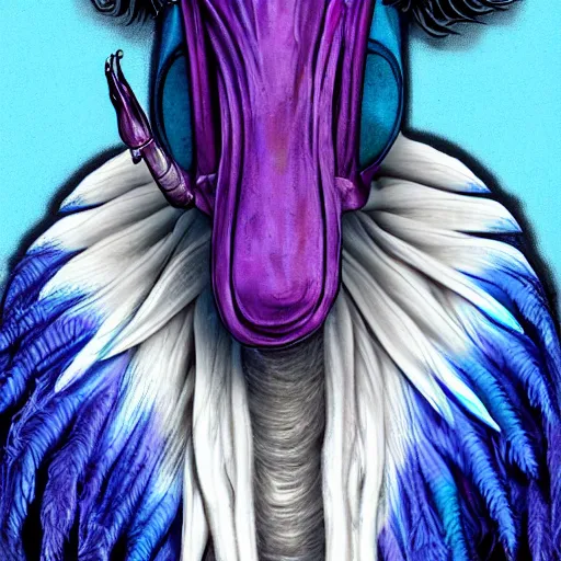 Image similar to A 4 legged tall alien creature with a hump covered in blue and magenta feathers, a long boney neck and face representing a plague doctor mask, high quality, hyper realistic