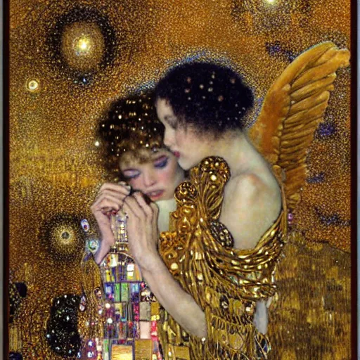 Prompt: dreamy angels, in the cosmos, intricate long shelve robes, intricate detail, klimt, royo,