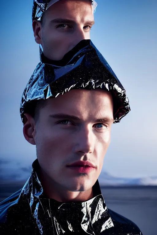 Image similar to an ultra high definition professional high fashion portrait studio full length photograph of a male model wearing a transparent pearlescent raincoat and neon visor in an icelandic black rock environment at dawn. no artefacts. extremely detailed. stark. refraction. shallow depth of field. volumetric light and shadow. ray tracing. light rays.