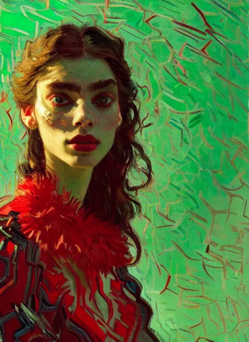 Prompt: close up portrait of yael shelbia, sensual, ecstatic, shades green and red, beautiful face, rule of thirds, intricate outfit, spotlight, by greg rutkowski, by jeremy mann, by francoise nielly, by van gogh, digital painting