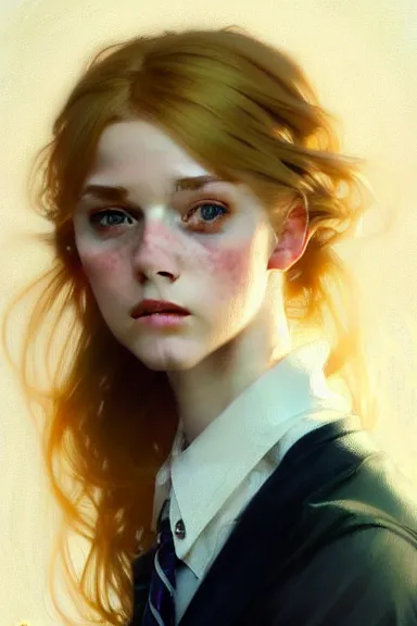 Image similar to portrait of a scottish teenage girl with dirty blonde hair, glowing skin, intelligent face, school uniform, intricate, elegant, dress shirt, highly detailed, digital painting, artstation, concept art, smooth, sharp focus, illustration, art by Krenz Cushart and Artem Demura and alphonse mucha