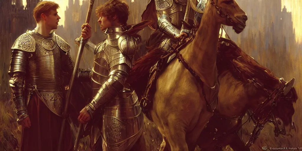 Image similar to attractive arthur pendragon and his favourite attractive male knight, they are in love, camelot, natural lighting, path traced, highly detailed, high quality, digital painting, by gaston bussiere, craig mullins, alphonse mucha j. c. leyendecker