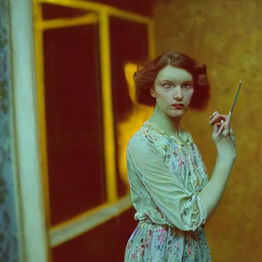 Image similar to close - up of a beautiful flowery girl in an soviet golden liminal abandoned room, film still by wes anderson, depicted by balthus, limited color palette, very intricate, art nouveau, highly detailed, lights by hopper, soft pastel colors