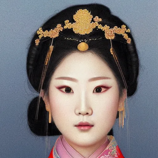 Image similar to hyper realism portrait of Chinese princess by Zhong, Fenghua and Ohara Koson and Klimt, Gustav, stunning, detailing, artstation trending, perfect lighting, golden hour, face detailing