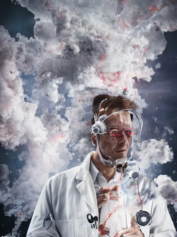 Image similar to scientist in a white coat, chemicals explosion on a white table in front of the scientist, digital art, digital painting, masterpiece, anatomically correct, five fingers, cinematic, high coherence, realistic, high quality, highly detailed, 8 k, dramatic lighting, path traced, centered, high definition