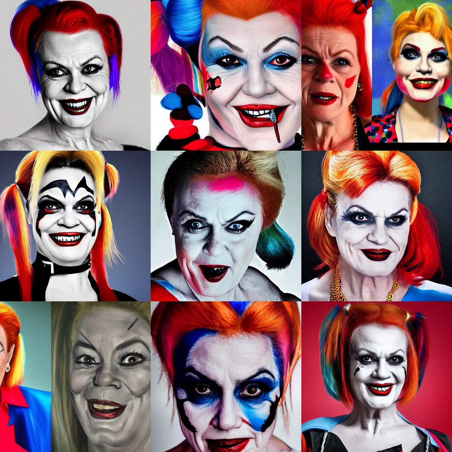 Prompt: Pauline Hanson as Harley Quinn, portrait photograph, ultra realistic