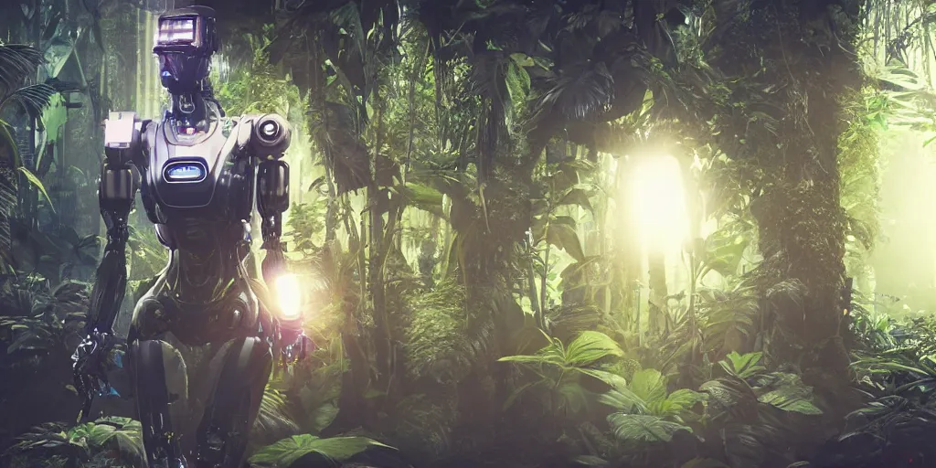 Prompt: cyberpunk robot in the asian rainforest, immaculate details, vintage polaroid photo, hyper realistic, ultra realistic, photo realistic, photography, ray tracing, octane render, vray render, weta digital, unreal engine 5,