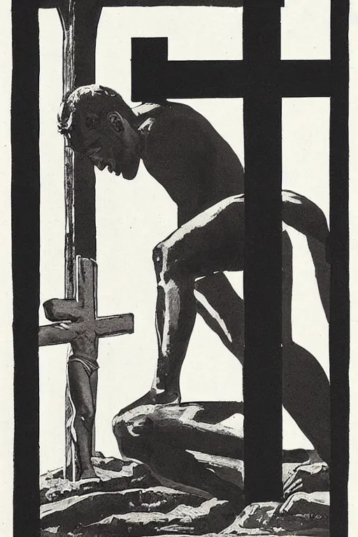 Image similar to man kneeling at the base of a wooden cross, 1960’s advertising art illustration