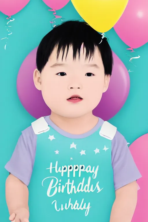 Image similar to a toddler's birthday card featuring Chris Chan, light pink, white, silver, Realistic background with pastel colors, no text