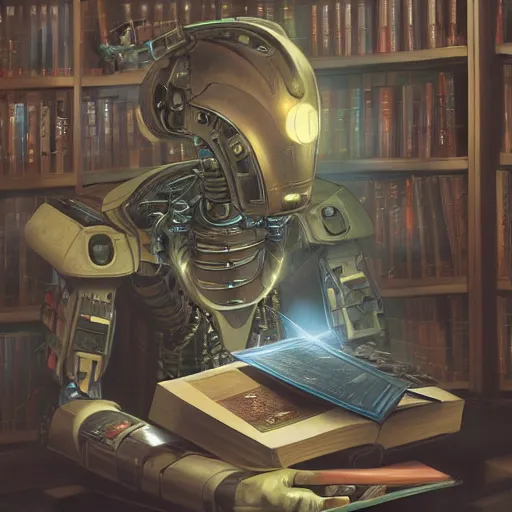 Prompt: hyperreal ultra detailed intricate cyborg transformer robot reading a book in a library by peter mohrbacher and dan mumford and nekro, cgsociety, volumetric light, 3 d render