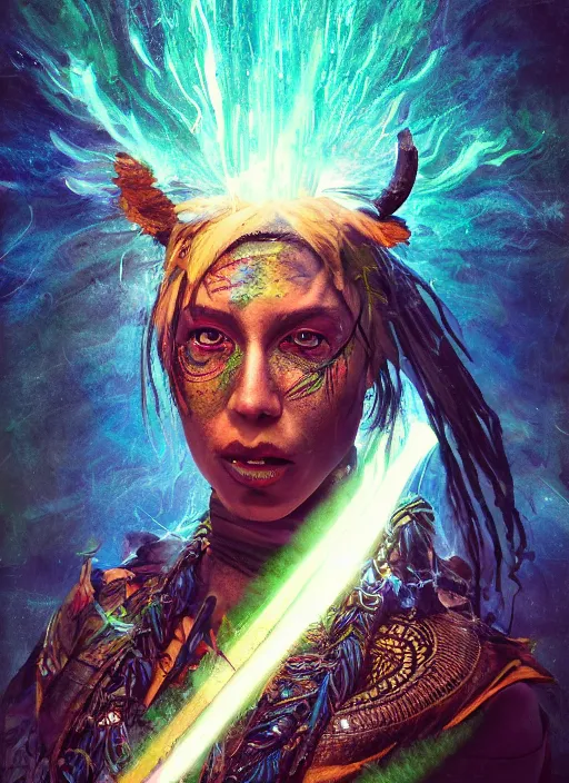 Prompt: An epic fantasy comic book style portrait painting of a wild- eyed shaman tripping on Ayahuasca, Shipibo textile patterns made of lasers, fisheye lens, unreal 5, DAZ, hyperrealistic, octane render, cosplay, RPG portrait, dynamic lighting