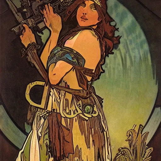 Image similar to postapocalyptic warrior, painted by alphonse mucha