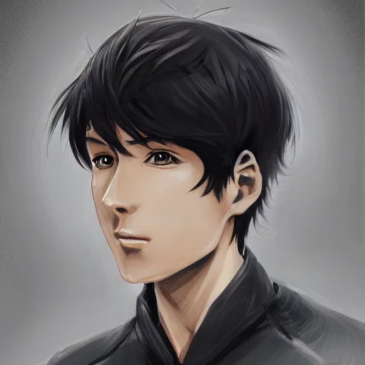Image similar to Anime portrait of a man by Artgerm, he is about 30 years old, short black hair with bangs, his features are a mix between French, Turkish and Russian and he is wearing a beige and black utility jumpsuit, highly detailed portrait, digital painting, artstation, concept art, smooth, sharp foccus ilustration, Artstation HQ