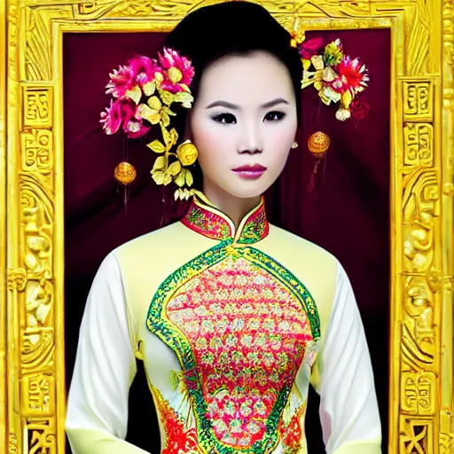 Prompt: portrait of a beautiful vietnamese woman wearing vietnamese ao dai, intricate, detailed, symmetric face