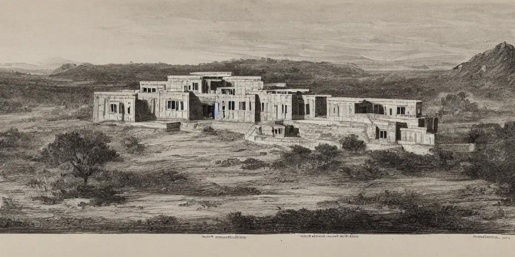 Image similar to ashanti rammed earth palace, it is located atop a hill and overlooks the capital city. 1 8 7 4. colonial era sketch