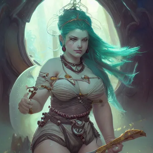 Image similar to cute female ogre, deep focus, d & d, fantasy, intricate, elegant, highly detailed, digital painting, artstation, concept art, matte, sharp focus, illustration, hearthstone, art by artgerm and greg rutkowski and alphonse mucha