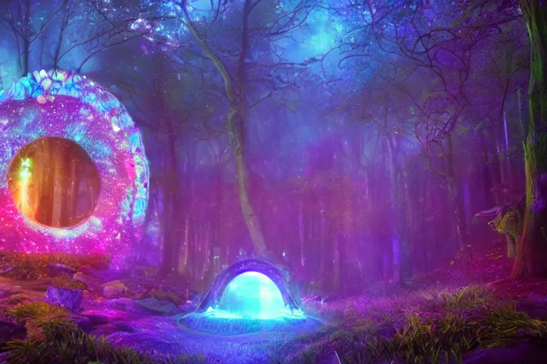 Image similar to a cosmic portal in an enchanted fantasy forest. colorful. cinematic lighting. photorealism.