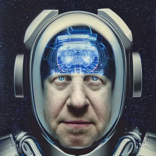 Prompt: Official galactic portrait of Galactic Emperor Boris Johnson, robot Overlord in the year 3499, split lighting, Kodak Portra, 85mm, F 2.8