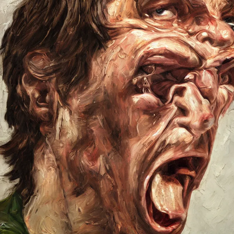 Image similar to warmly lit close up studio portrait of young angry!! screaming John Lennon age 23 furious!, impasto oil painting thick brushstrokes by Lucian Freud and Cy Twombly and Tim Hawkinson , trending on artstation dramatic lighting Expressionism