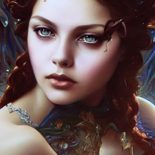 Image similar to beautiful young ornella muti, closeup, d & d, fantasy, intricate, elegant, highly detailed, digital painting, artstation, sharp focus, fantasy art, beautiful, illustration, art by artgerm and greg rutkowski and alphonse mucha