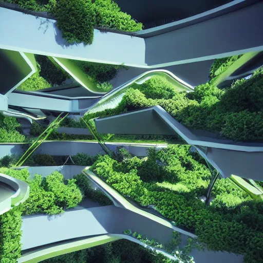 Image similar to sci fi architecture modern design, detailed, greens, blue colors, trees, people, octane render.