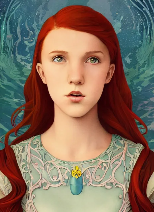 Prompt: well - lit art nouveau portrait of a 1 3 - year old girl who resembles millie bobby brown with red hair looking worried under water, natural lighting, path traced, highly detailed, high quality, cartoon, digital painting, by don bluth and ross tran and studio ghibli