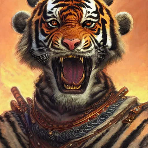 Image similar to Swordsman with the head of a tiger as a fantasy D&D character, portrait art by Donato Giancola and James Gurney, digital art, trending on artstation