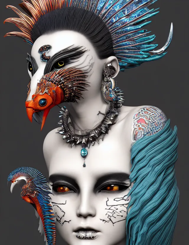 Image similar to 3 d goddess close - up profile portrait punk with mohawk with ram skull. beautiful intricately detailed japanese crow kitsune mask and clasical japanese kimono. betta fish, jellyfish phoenix, bio luminescent, plasma, ice, water, wind, creature, artwork by tooth wu and wlop and beeple and greg rutkowski