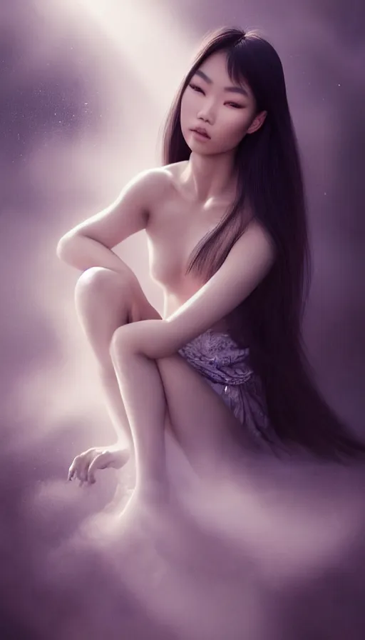 Image similar to photo of a gorgeous young asian girl , full body, high fashion model, searching for eternity, cloud goddess, duality, far away dreamy atmosphere, rays of light, deep shadows, demons in the style of stefan kostic, hyper realistic, sharp focus, 8k high definition, high fashion, vogue, insanely detailed, intricate, elegant, art by stanley lau and artgerm, brom