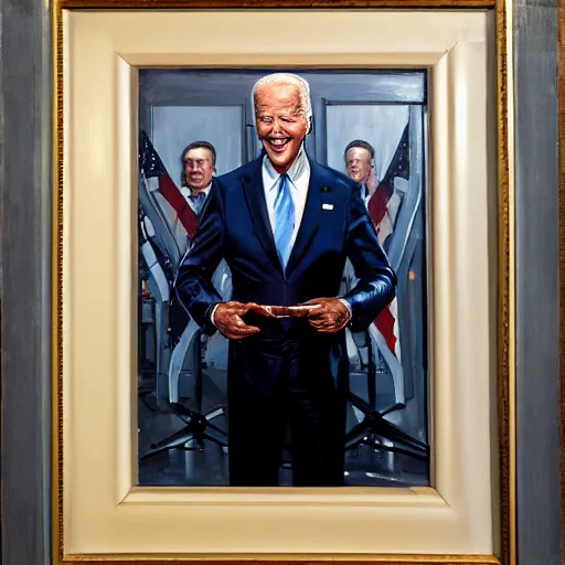 Image similar to joe biden as robocop, realistic oil painting, style of norman rockwell, 8 k, super sharp, ultra detail, rule of thirds,