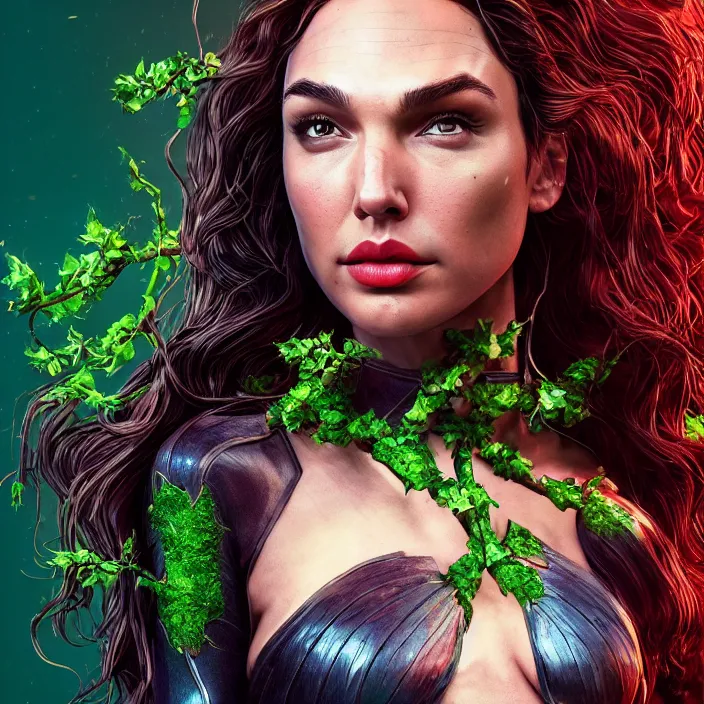 Image similar to portrait of Gal Gadot as a Poison Ivy. intricate artwork. by Tooth Wu, wlop, beeple, dan mumford. octane render, trending on artstation, greg rutkowski very coherent symmetrical artwork. cinematic, hyper realism, high detail, octane render, 8k