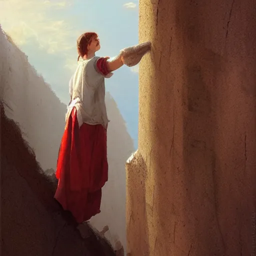 Image similar to a young girl standing on top of an impossibly tall wall, looking down at what is on the other side. she wears a white shirt and trousers and a very long red scarf around her neck that trails down a long way. beautiful fantasy painting by greg rutkowski