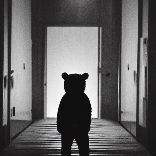 Prompt: dark photograph of a small bear character with a spotlight focused on him walking through a large wooden doorway